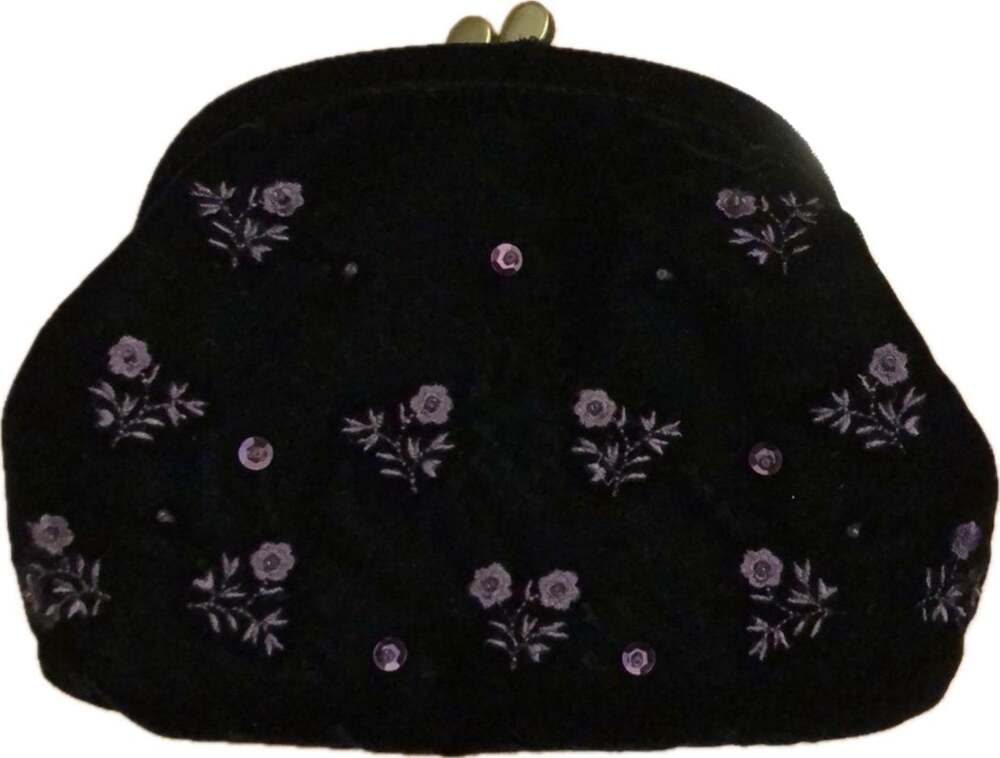 American Girl of Today Black Velvet Embroidered Floral Clutch Purse VERY RARE